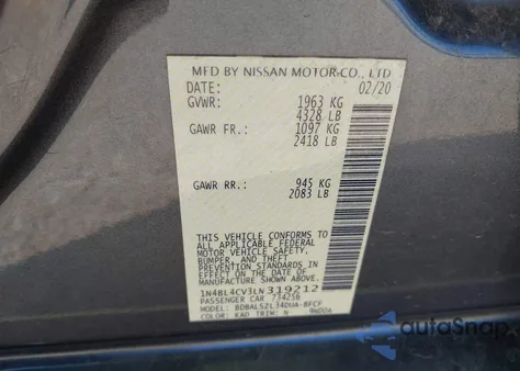 2020 Nissan Altima Sr Fwd из США, поврежденный, VIN 1N4BL4CV3LN319212